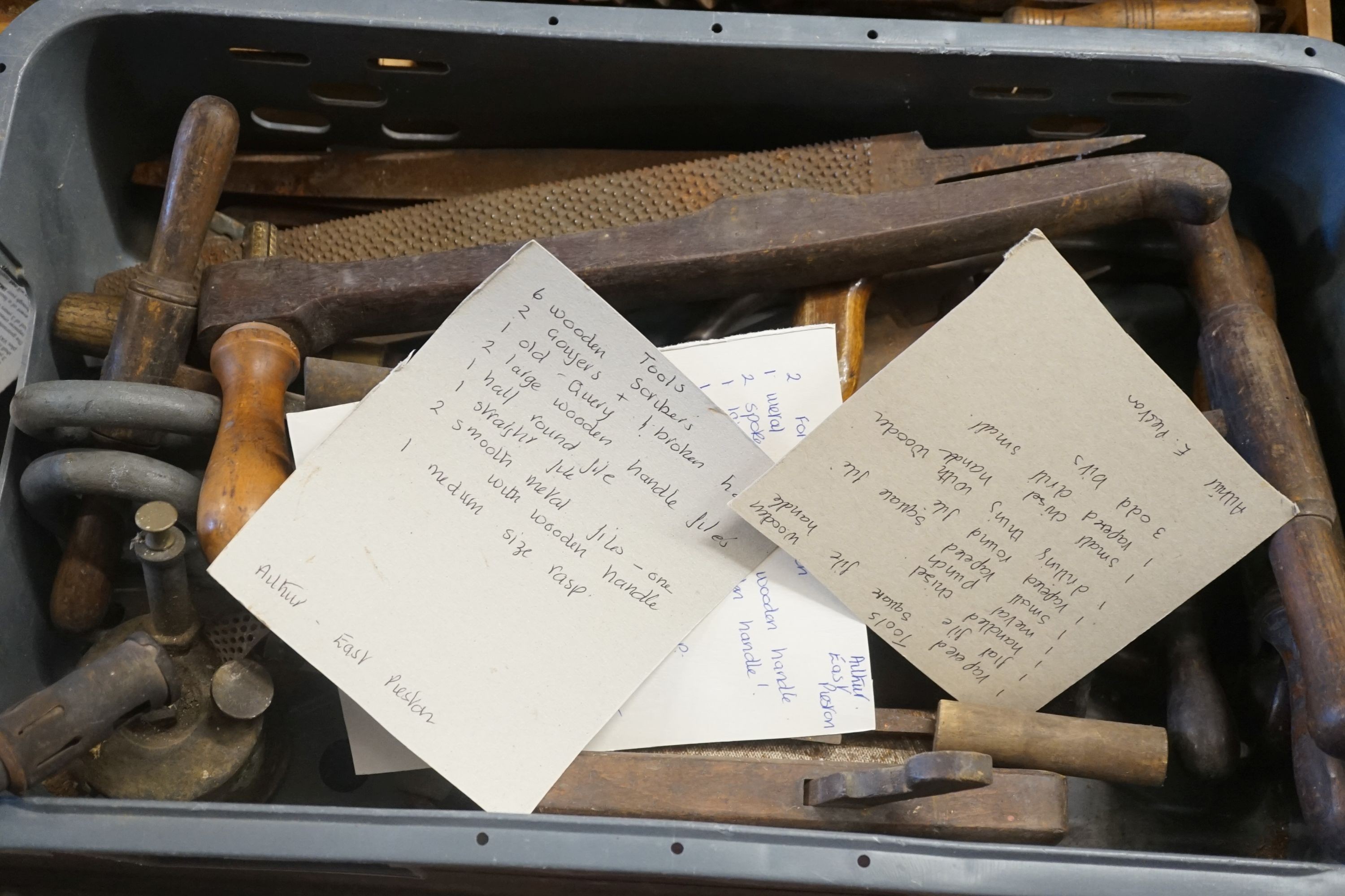 A large quantity of Victorian and later carpentry tools to include assorted steel and brass mounted planes, three Victorian pine trunks etc.